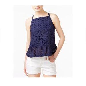 Anthropologie Maison Jules Navy Eyelet Lace Spaghetti Strap Square Neckline